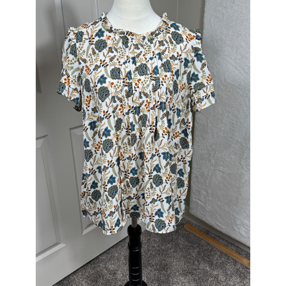 Rose + Olive Women's 1X Floral Print Short Sleeve Pintuck Blouse‎ Top Artsy